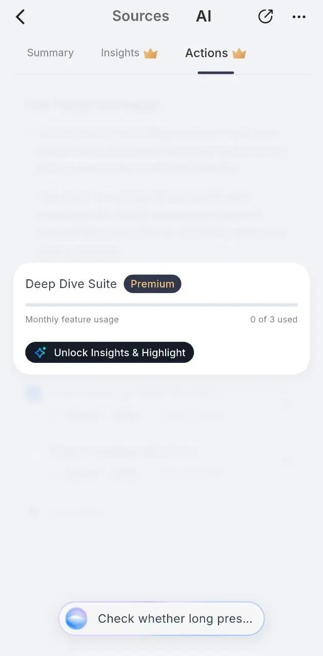 The Comu app Actions tab showing a Deep Dive Suite Premium prompt and monthly usage of 0 of 3
