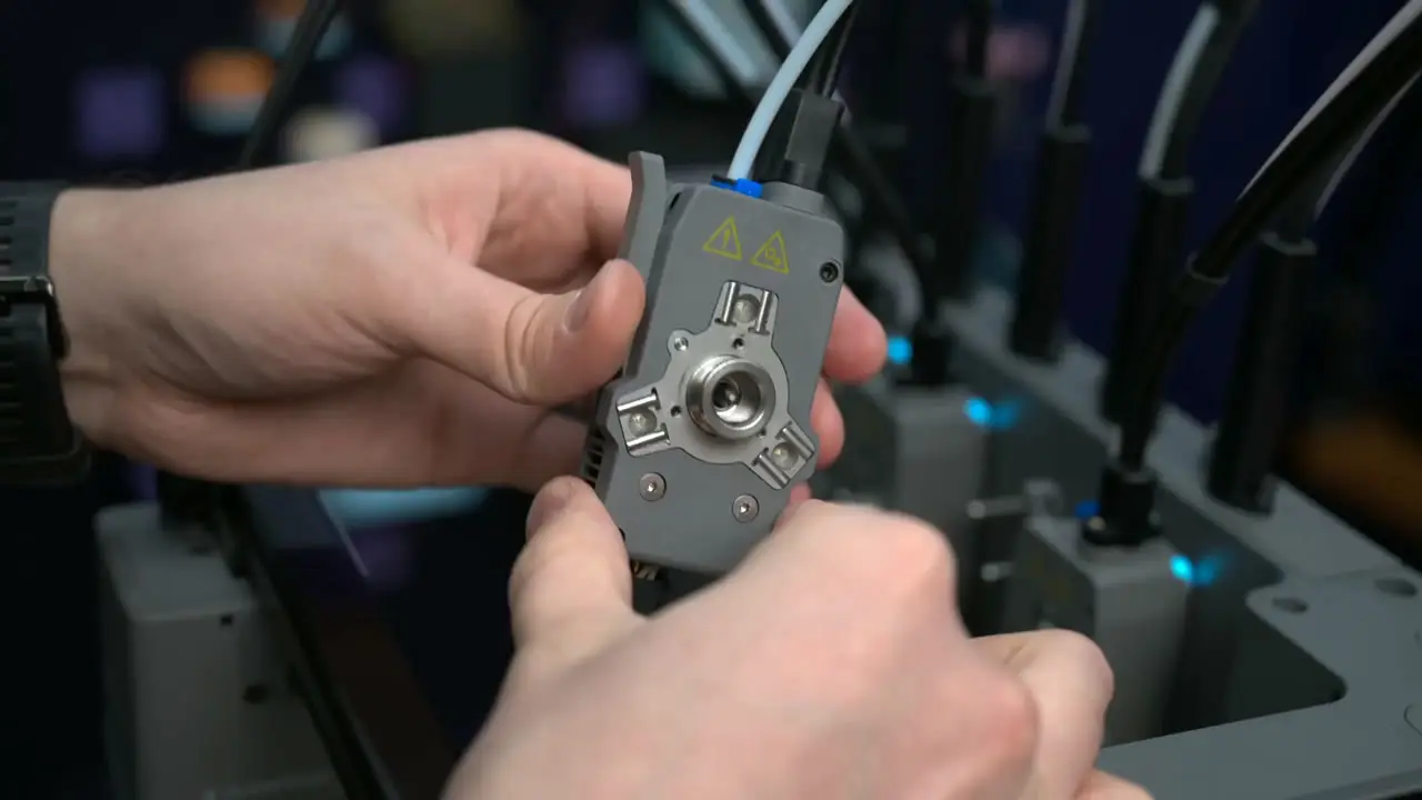 Hands holding a Creator 5 toolhead with a filament tube entering its top