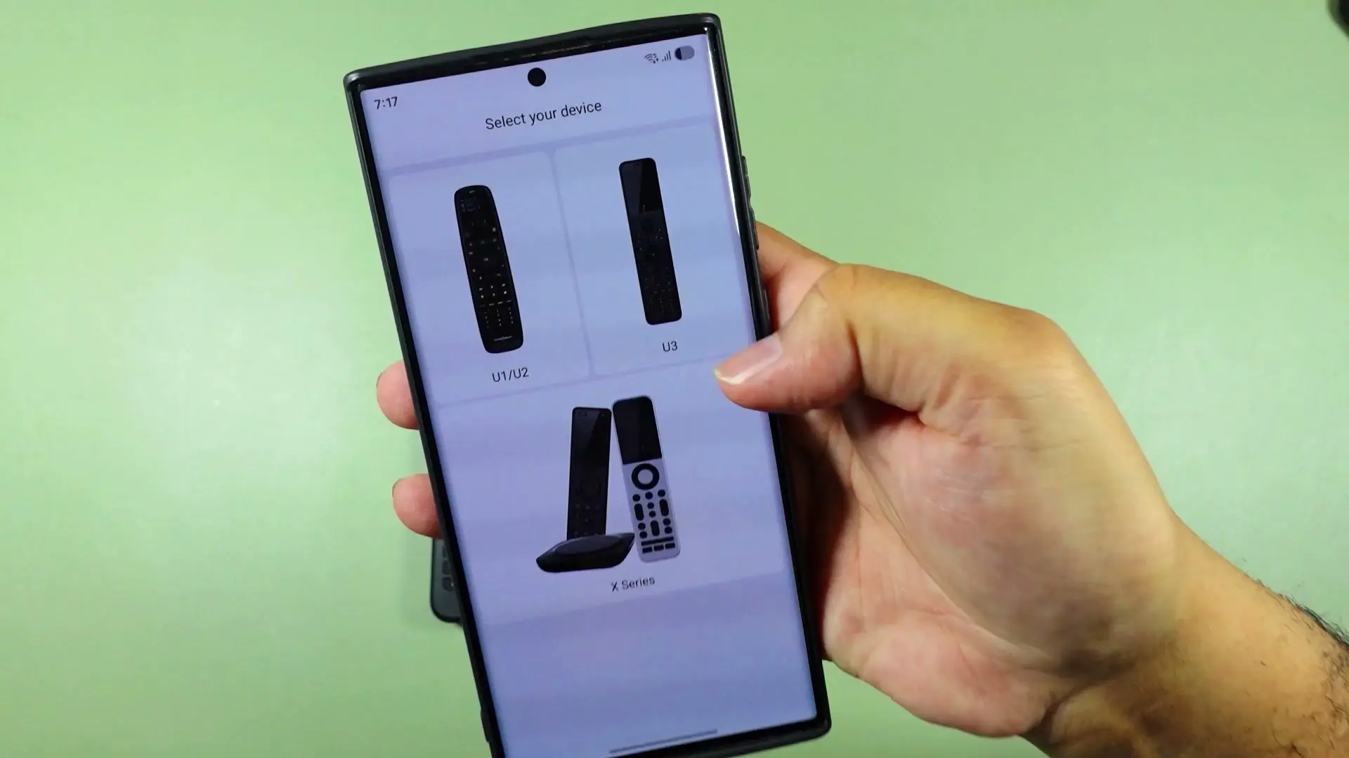 The SofaBaton app's device selection screen on a phone, showing U1/U2, U3 and X Series remote options