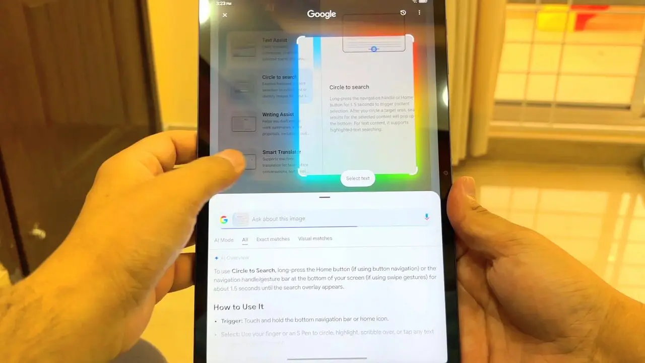 Circle to Search selecting content on the TCL Tab A1 screen with Google results below